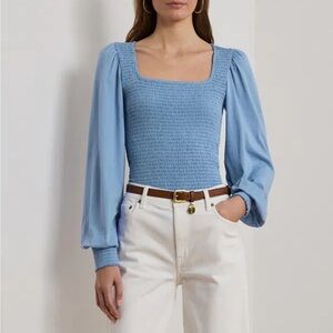 NWT Women Lauren Ralph Lauren Cottagecore Bohemian Smocked Blouse sky blue slim